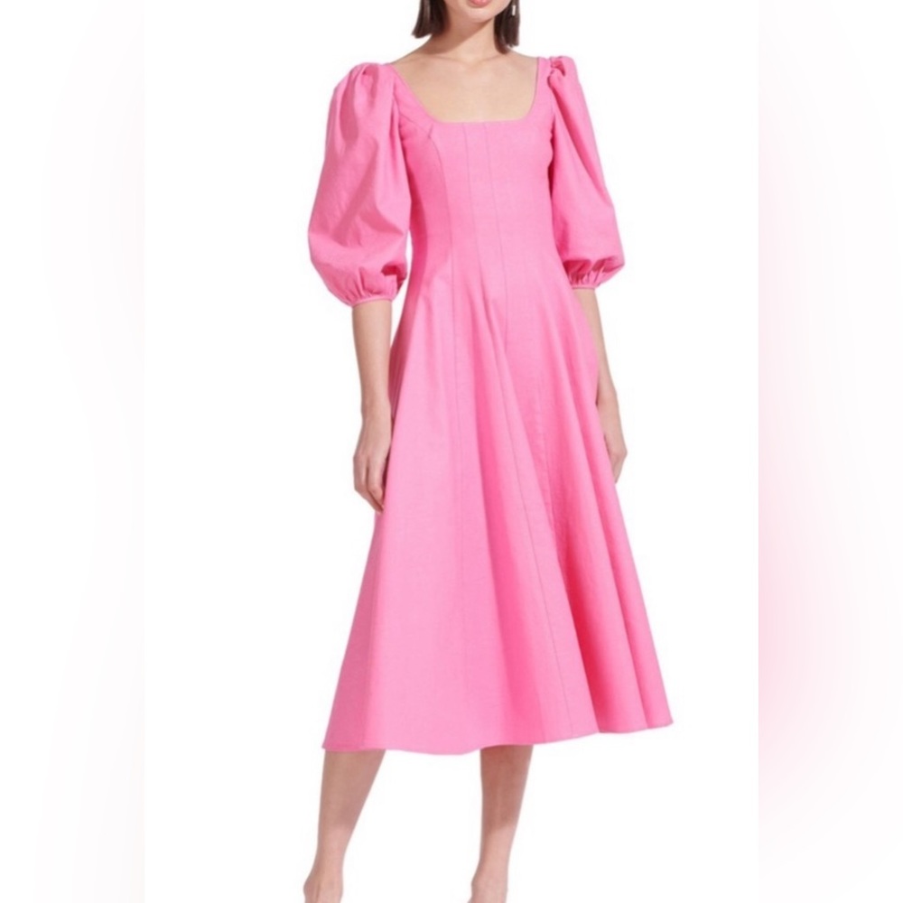 Staud pink linen square neck midi dress, size 8